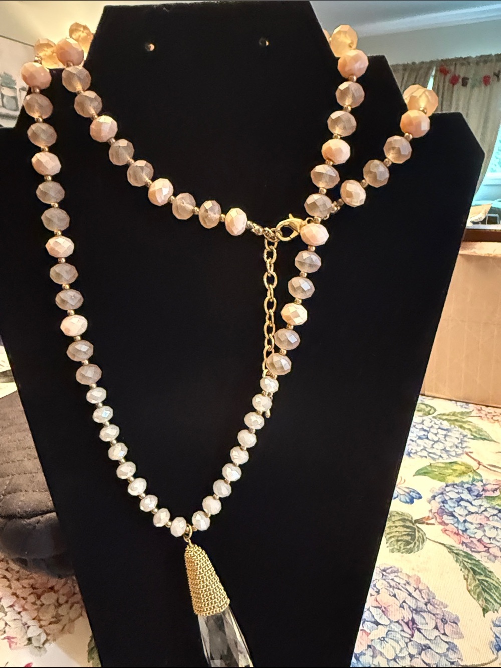 Francesca's Collections Pink Beaded Necklace with Gold Tassel and Crystal